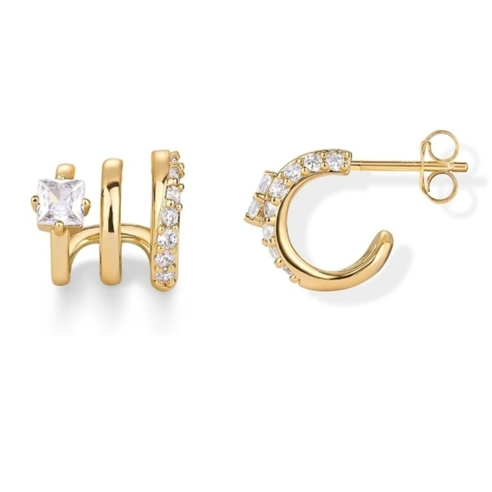 14K Gold Plated Cubic Zirconia Segment Triple Hoop Earrings